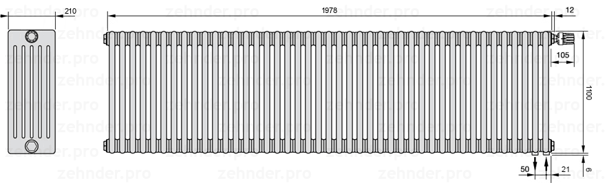 Схема (чертеж) Радиатор Zehnder Charleston 6110/43 №V002 Белый глянцевый RAL 9016